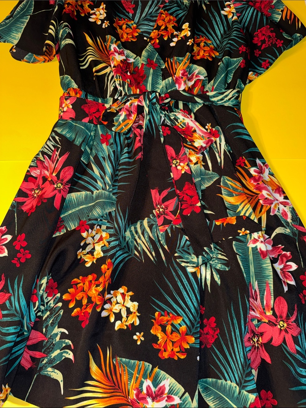 SHEIN Black Floral Midi Dress with Red, Orange & Green Hawaiian Flower Print - Picture 3 of 5
